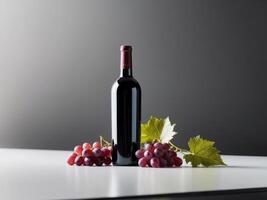A bottle of wine and grapes on a table photo