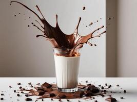 Chocolate milk splash in glass with chocolate pieces photo