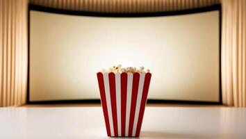 Popcorn in a red and white striped box on a table photo