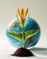 Earth globe with flower and soil concept photo