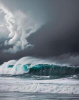 A large wave breaking on the ocean with storm clouds photo