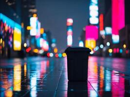 A trash can sitting on the street in front of a city photo