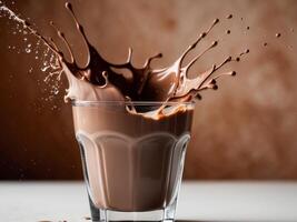 Chocolate splash in glass of milk photo