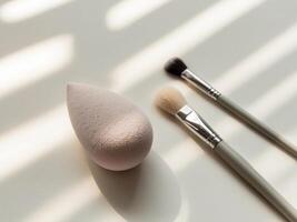 A makeup sponge and brush on a white surface photo
