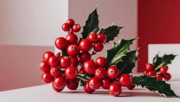 Red berries on a white table with red and white background photo