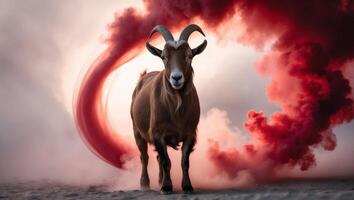 Goat with red smoke coming out of its mouth photo