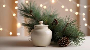 A white jar with pine cones and a branch on a table photo