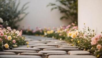 Stone path with flowers in the garden photo