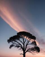 A lone tree stands in the middle of a field at sunset photo