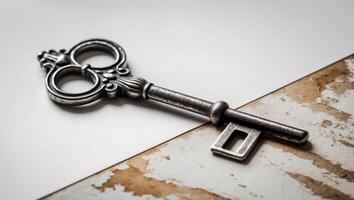 An old key on a white background photo