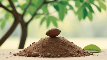 Nutmeg powder on a wooden table with a tree in the background photo