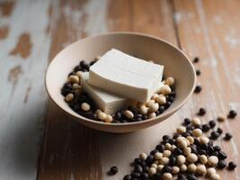 Soy milk and soybeans in a bowl photo