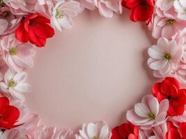 Red and pink flowers arranged in a circle on a pink background photo