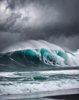 A large wave breaking on the beach with dark clouds photo