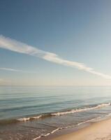 A beach with a large body of water and a sky photo
