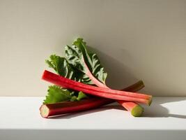 A bunch of red rhubarb on a white surface photo