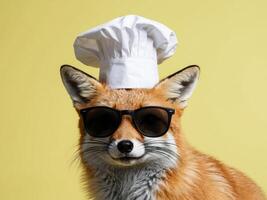 A fox wearing a chef hat and sunglasses photo