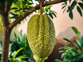A durian fruit hanging from a tree photo
