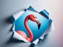 Flamingo in torn paper on blue background photo