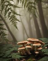 Mushrooms in the forest with ferns and trees photo