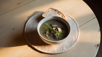 A bowl of soup with mushrooms and bread on a table photo