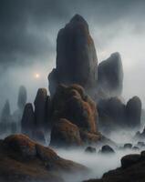 A foggy landscape with rocks and clouds photo