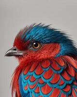 A close up of a colorful bird with blue and red feathers photo