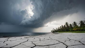 A stormy sky over a beach with palm trees photo