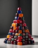A pyramid of colorful candy is sitting on a table photo