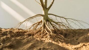 A tree with roots growing out of the ground photo