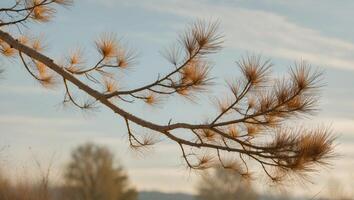 A branch with some brown needles on it photo