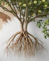 A tree with roots and apples on it photo