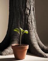 A plant in a pot next to a tree trunk photo