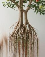 A tree with roots and apples on it photo