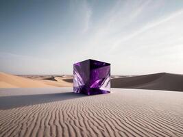 A purple cube sitting in the middle of a desert photo