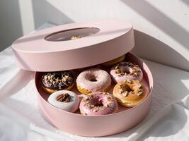 A pink box with a dozen donuts in it photo