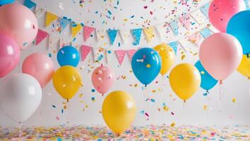 Many balloons and confetti are in front of a white background photo