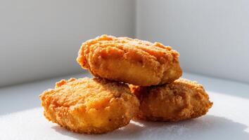 Three fried chicken nuggets sitting on top of each other photo
