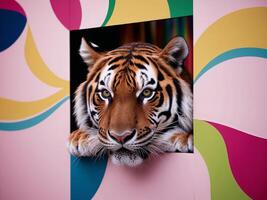 A tiger is looking out from behind a colorful wall photo