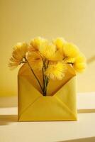 Yellow envelope with flowers on a yellow background photo