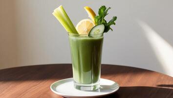 A green smoothie with cucumber, lemon and celery photo