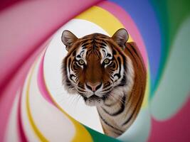 A tiger is in the middle of a colorful swirl photo