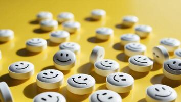 Many white smiley faces on a yellow surface photo