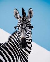 A zebra wearing glasses and standing in front of a blue and white background photo