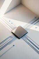 A computer chip is sitting on a white surface photo