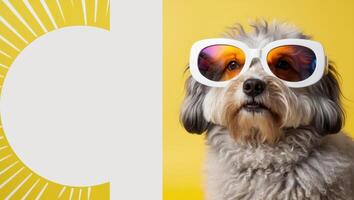 A dog wearing sunglasses on a yellow background photo