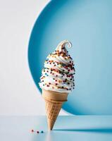 An ice cream cone with white frosting and sprinkles photo