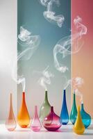 A row of colorful vases with smoke coming out of them photo