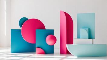 Three colorful abstract shapes are sitting on a white floor photo