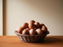 A basket full of brown eggs on a table photo